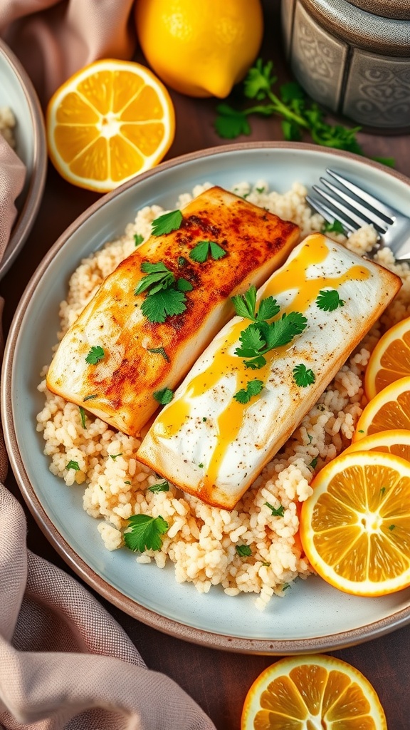 Spiced mahi mahi with citrus glaze on a plate, garnished with cilantro and served with couscous and citrus slices.